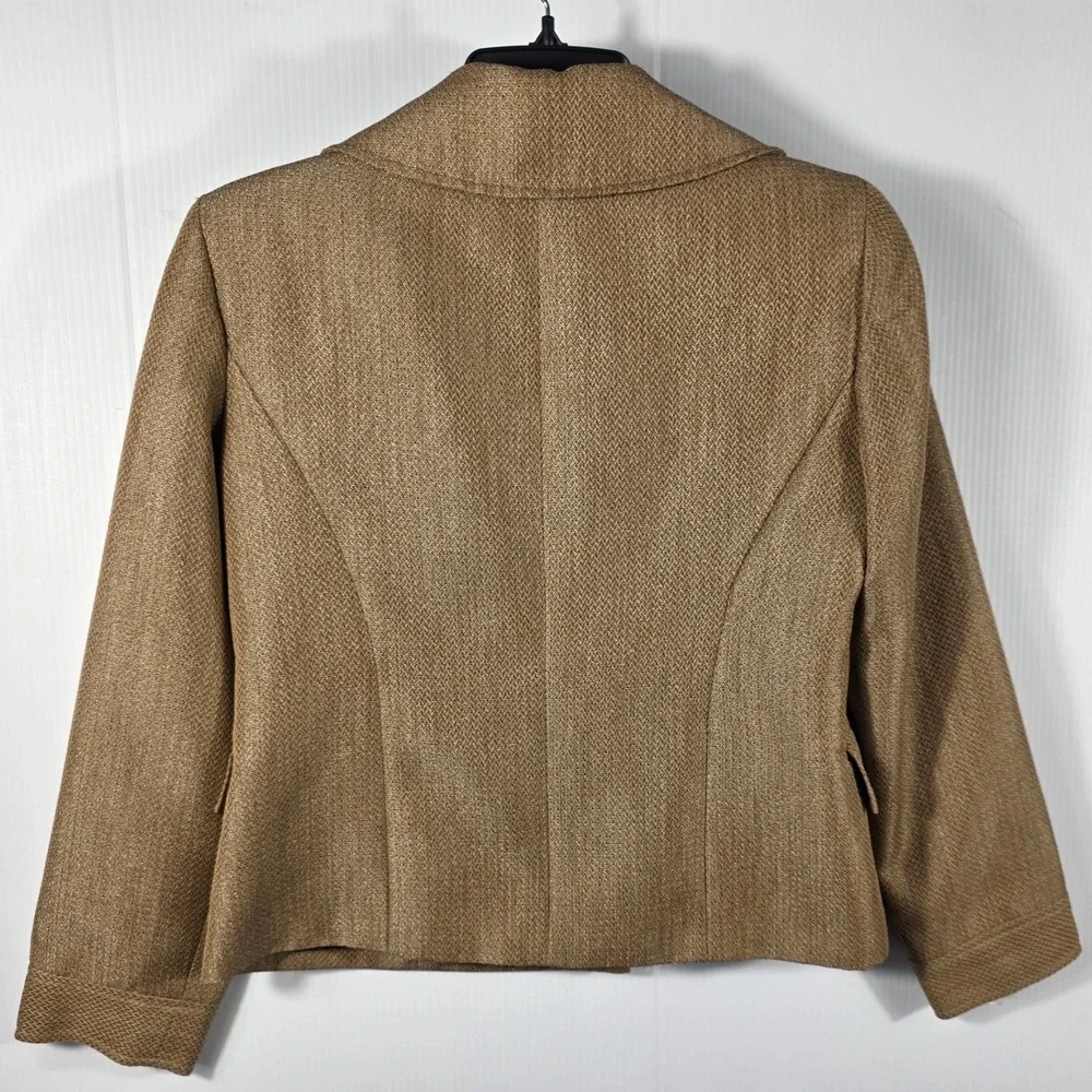 Le Suit Petite Womens Tan Herringbone Blazer Jacket Metallic Gold 8P Business